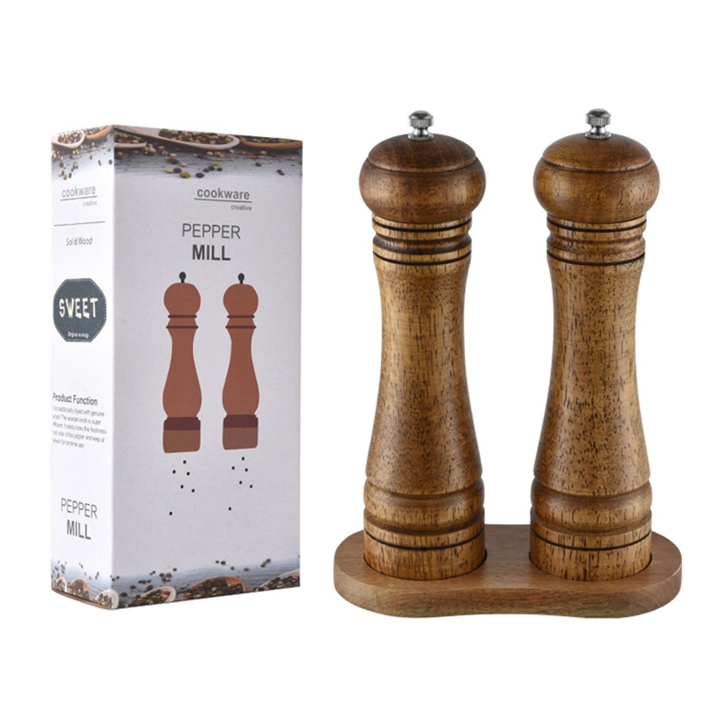 2X  Wooden Pepper Grinder Pepper Mill Coarseness Adjustable Peppermill