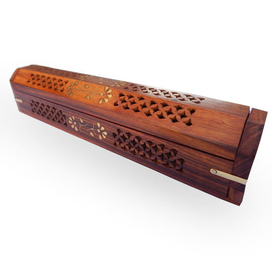 Sheesham Wood Hand Carved Coffin Incense Burner Brass Inlays & Storage